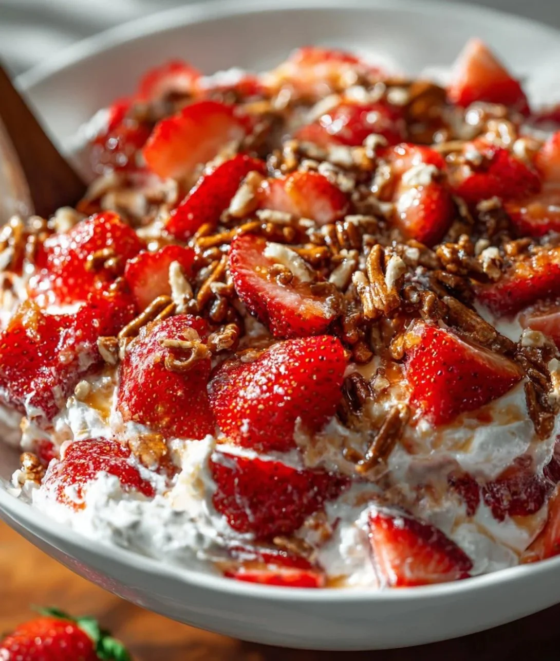 Bowl of delicious Strawberry Crackle Salad with fresh strawberries and crunchy toppings