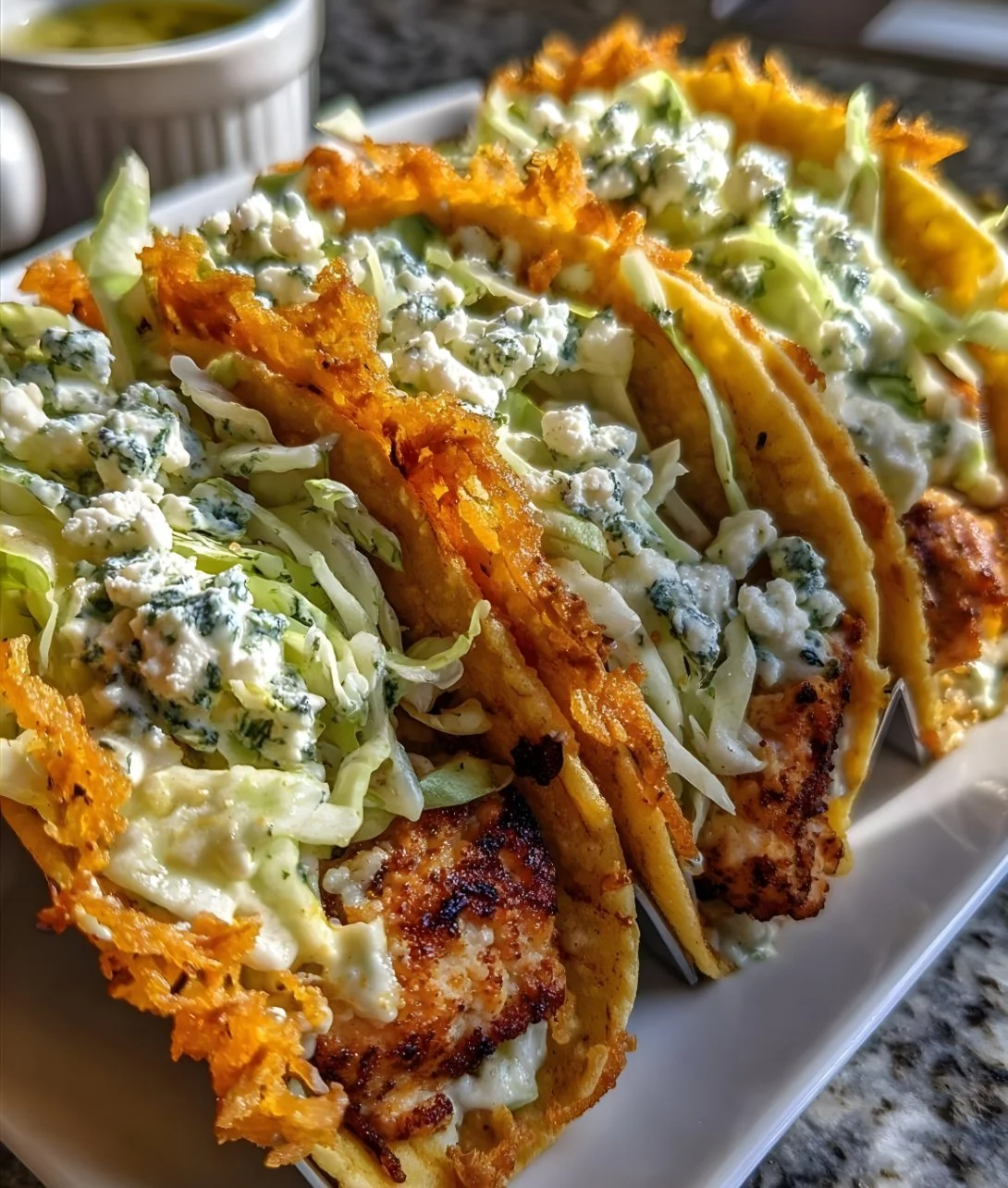 Dill Pickle Ranch Smash Chicken Tacos with Crispy Cheese on a plate