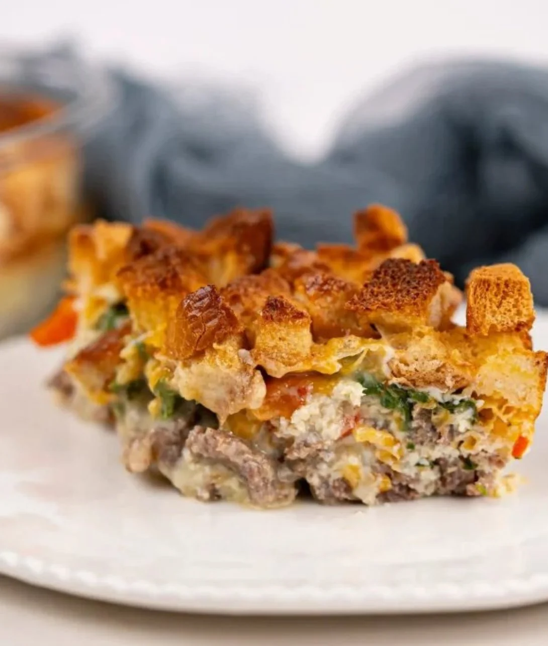 Delicious easy sausage and egg casserole served on a plate