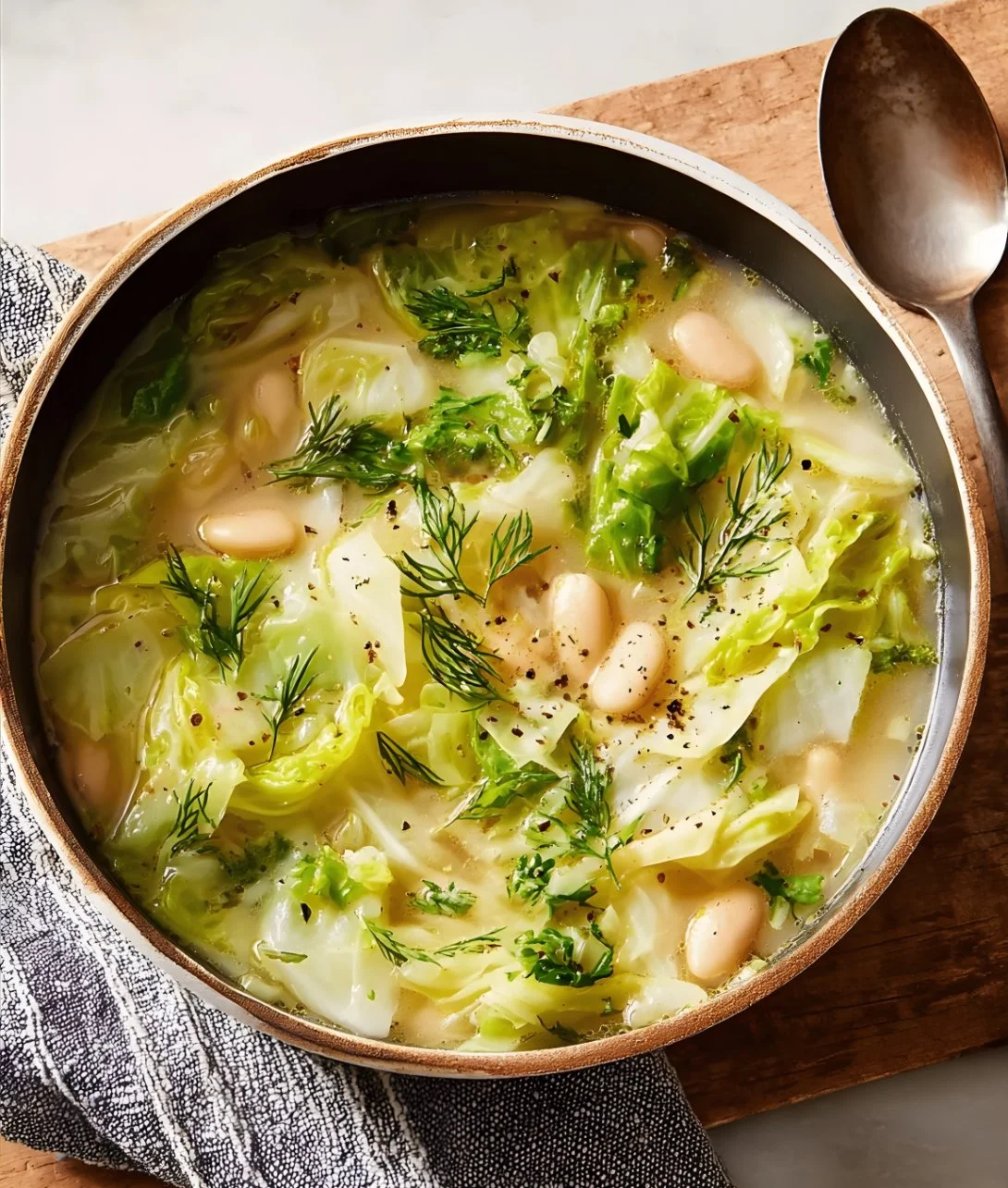 Bowl of delicious garlicky cabbage soup garnished with herbs