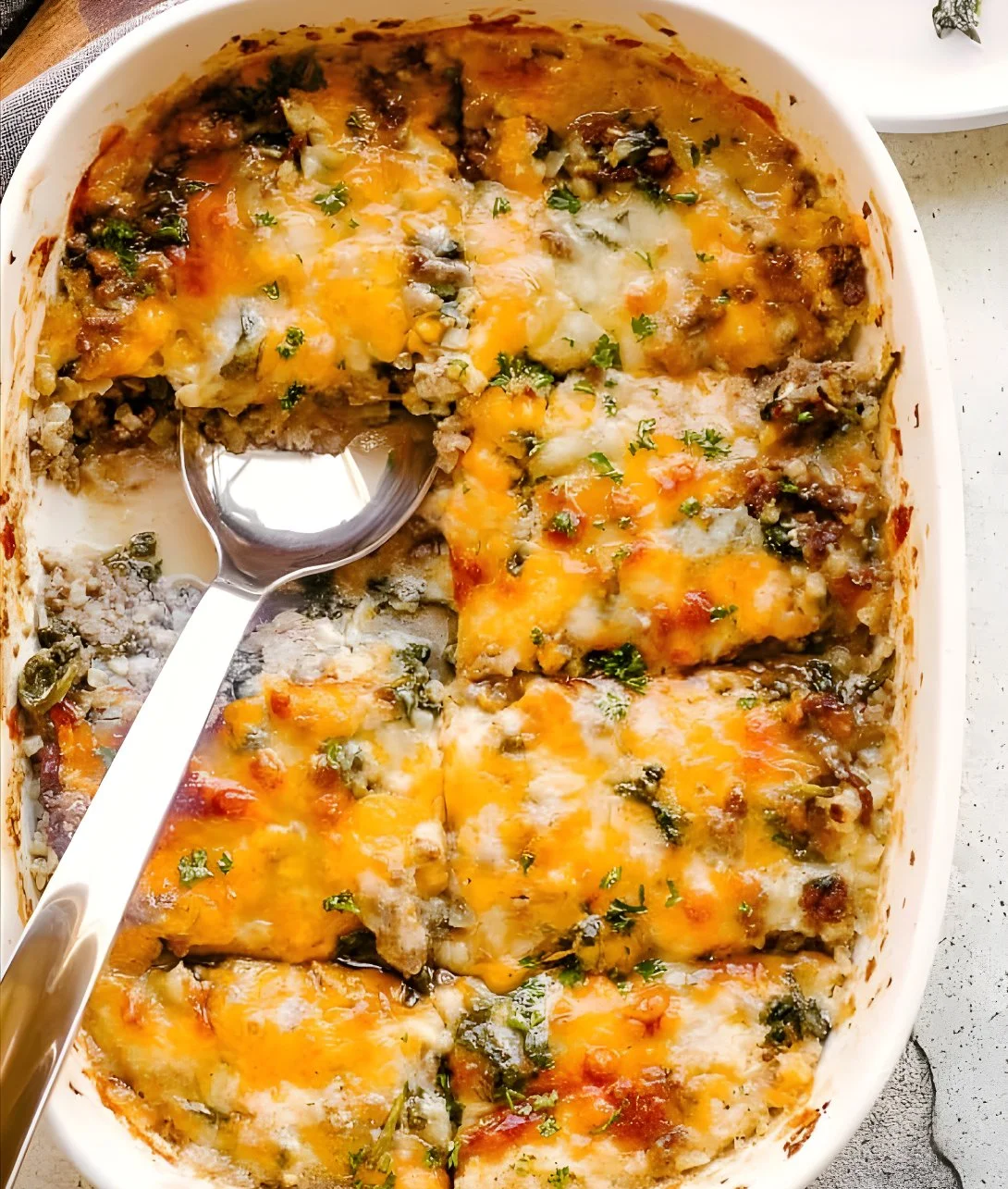 Ground beef casserole with cauliflower rice served in a baking dish