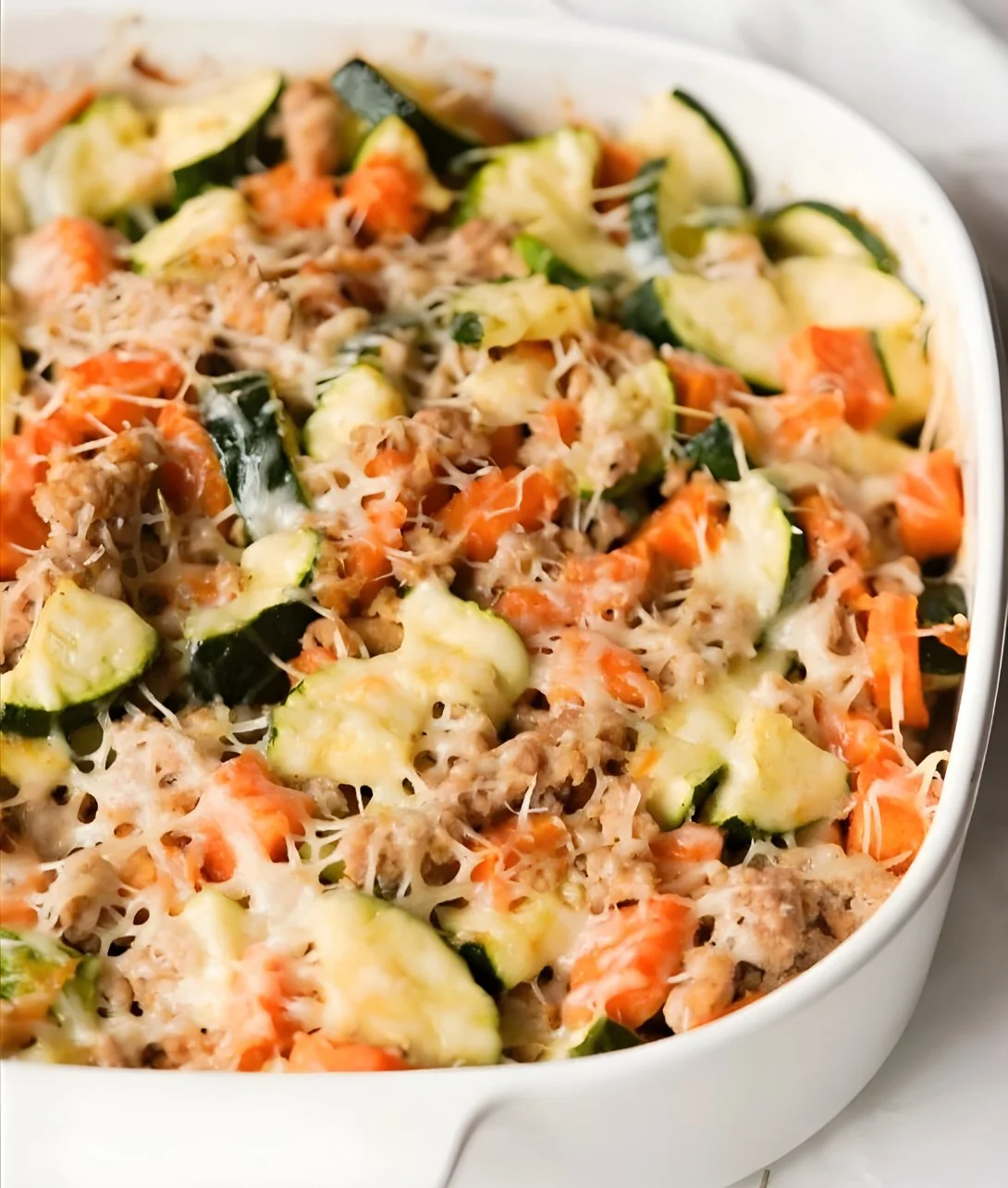 Ground Turkey Sweet Potato Bake garnished and ready to serve in a baking dish.