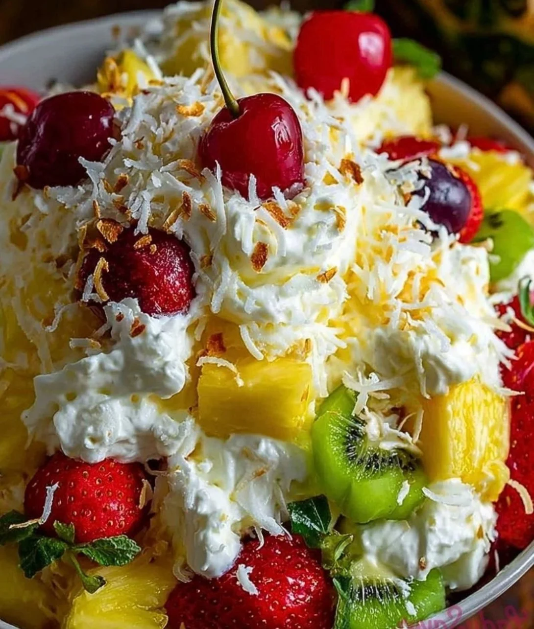 Hawaiian Cheesecake Salad with tropical fruits and creamy texture