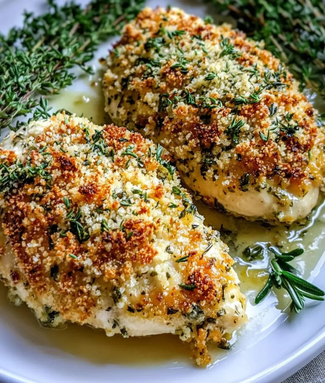 Herb-Crusted Baked Boursin Chicken served on a plate with herbs and spices