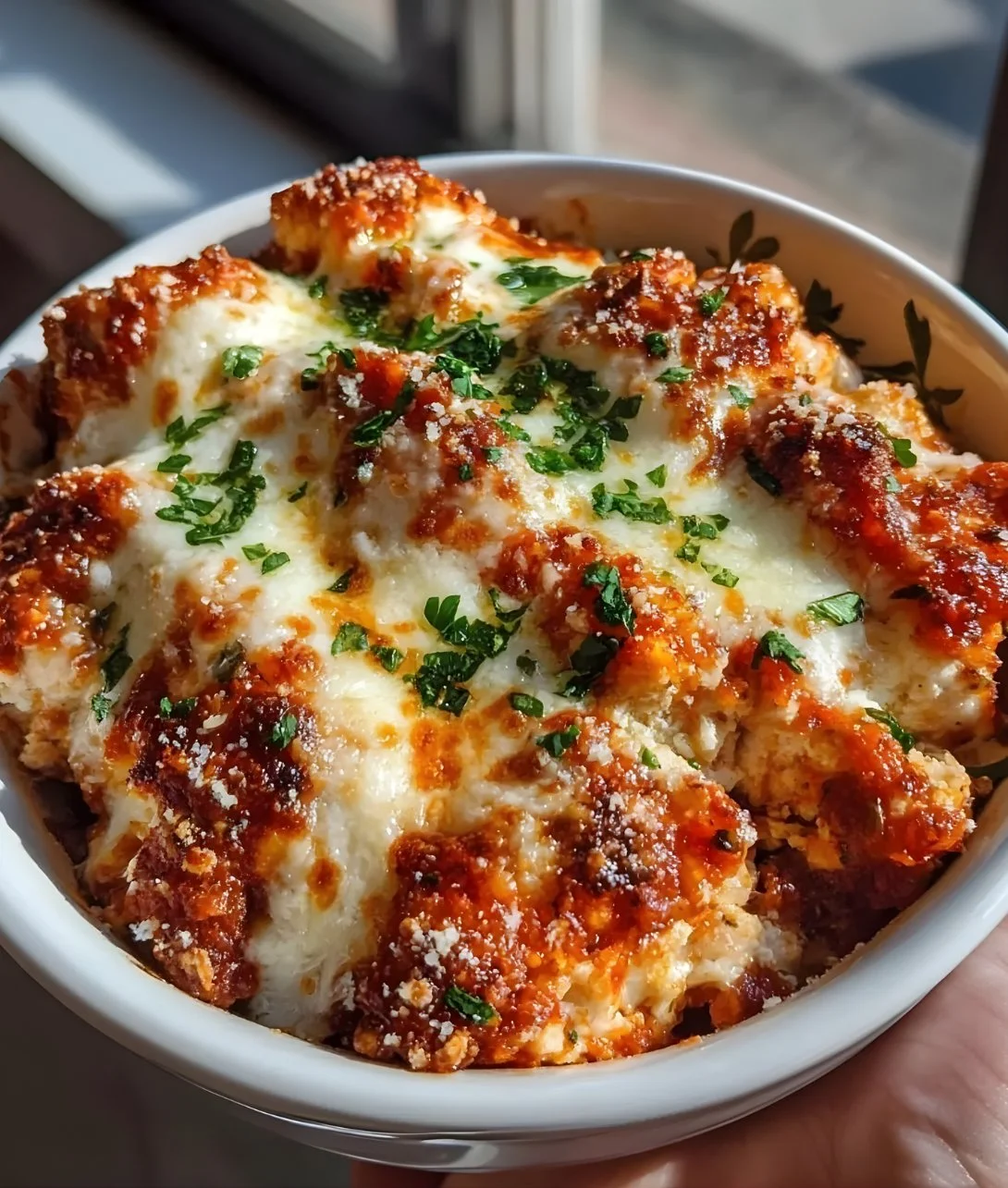 High protein chicken parm cottage cheese bowl topped with herbs and cheese
