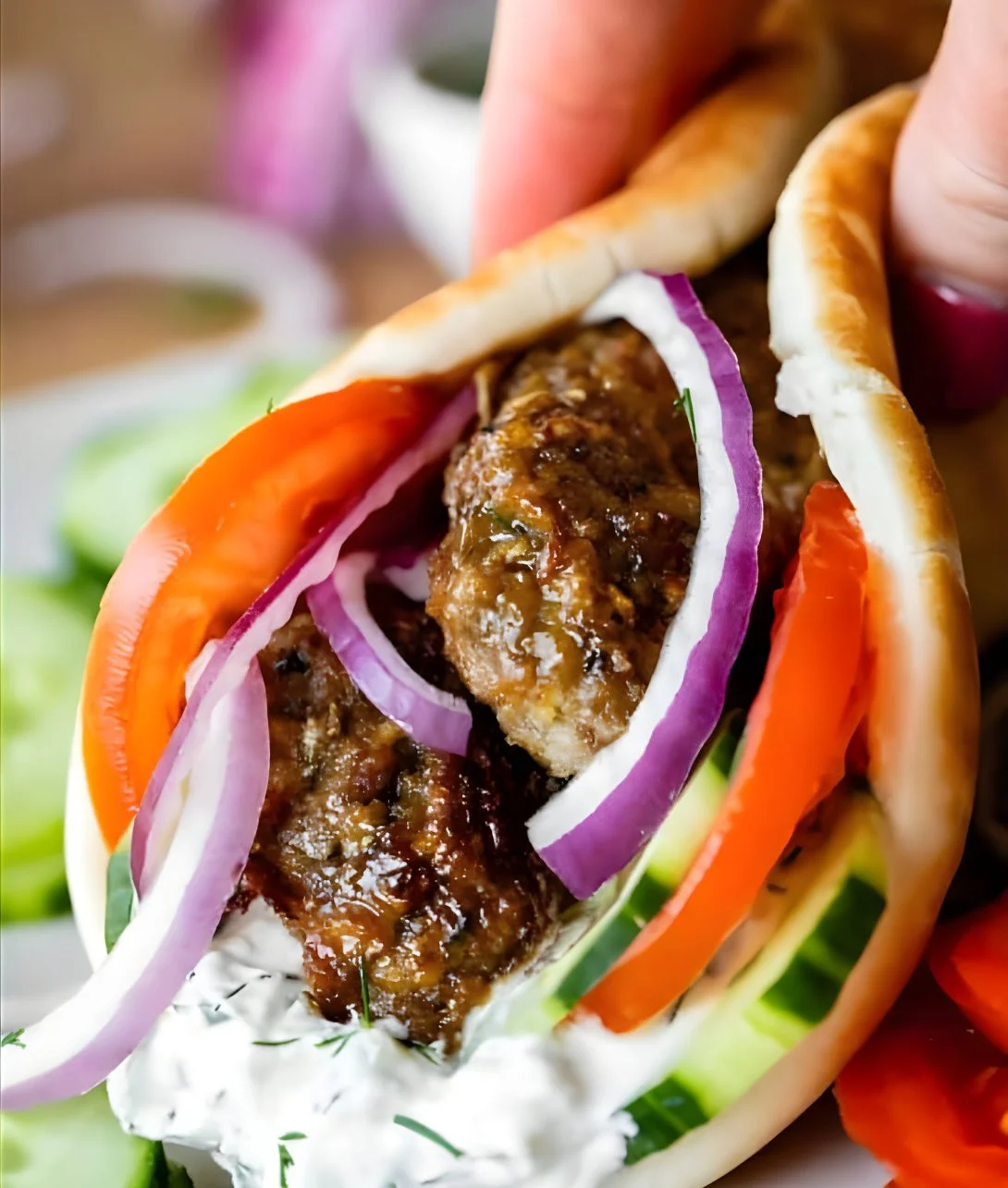 Plate of homemade gyros with fresh vegetables and tzatziki sauce