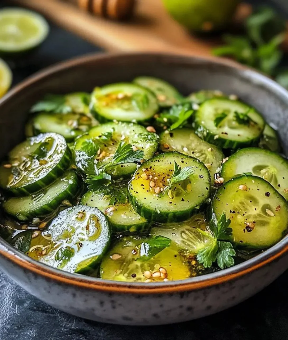 Fresh Honey Lime Cucumber Salad with bright green cucumbers and citrus dressing