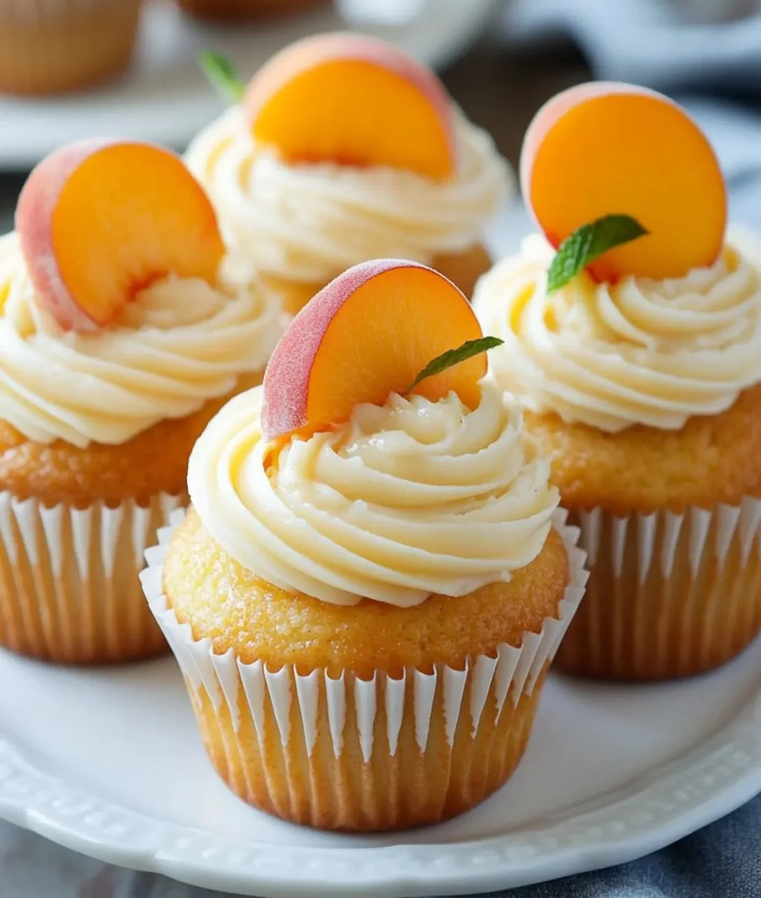 Honey peach cream cheese cupcakes topped with peach slices and cream cheese frosting