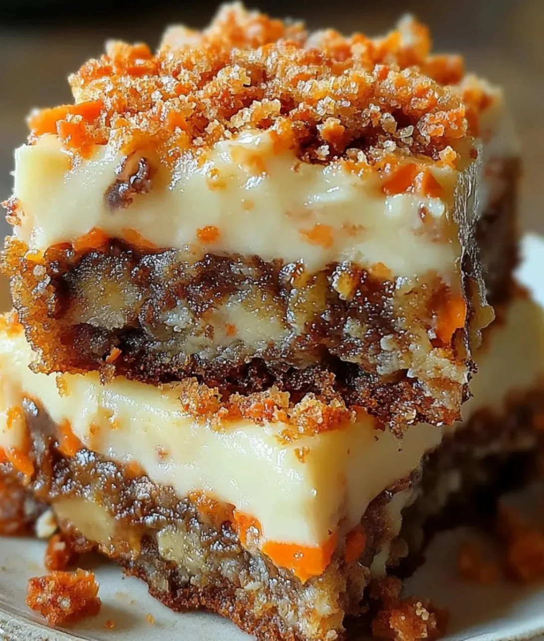 Irresistible carrot cake cream cheese bars on a rustic wooden table.