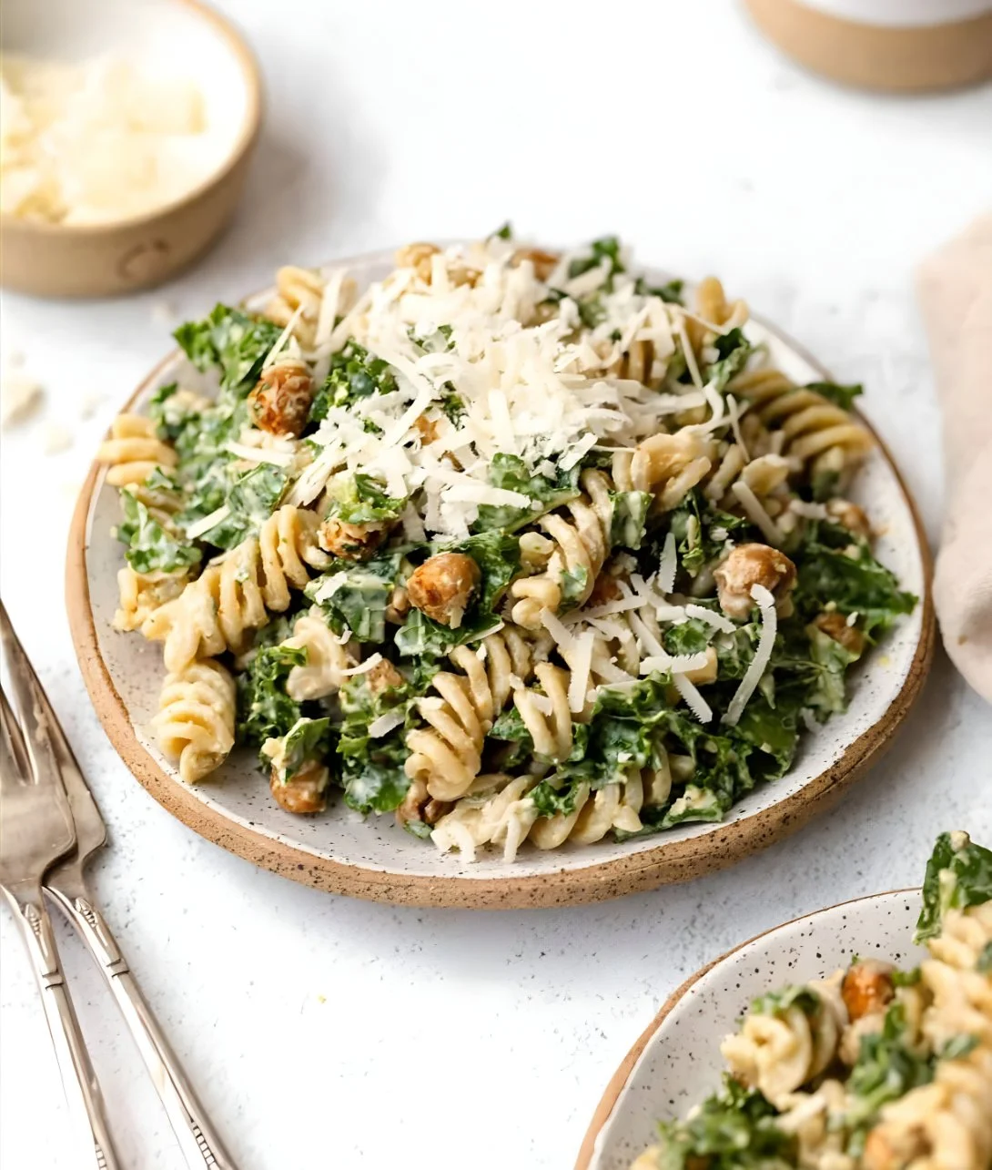 Delicious Kale Caesar Pasta Salad with croutons and creamy dressing
