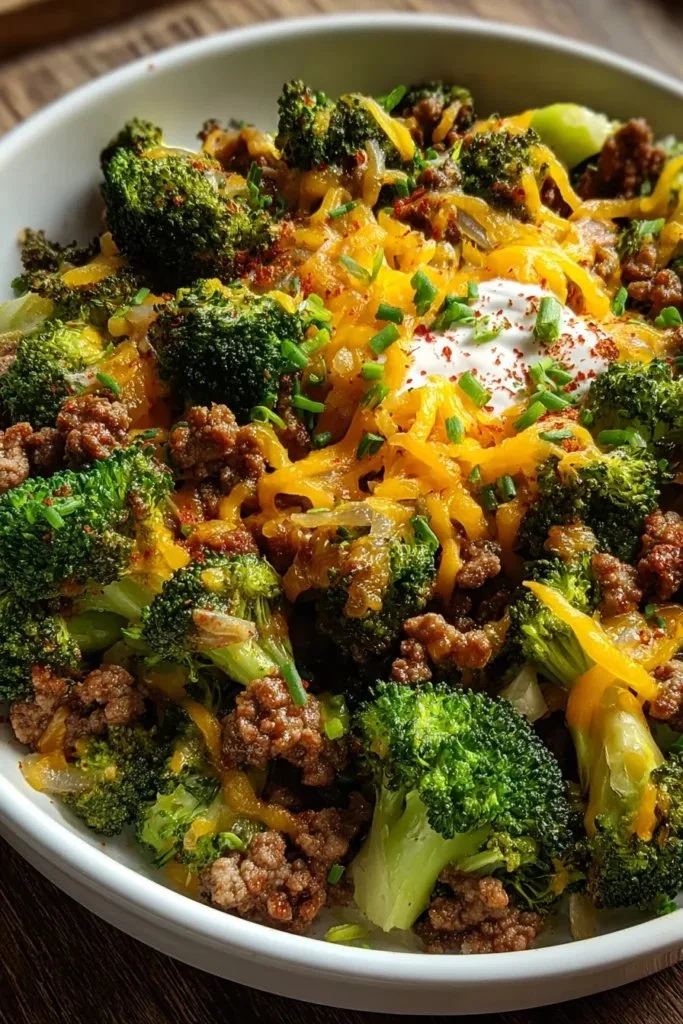 Keto Hamburger Broccoli Skillet meal with ground beef and broccoli