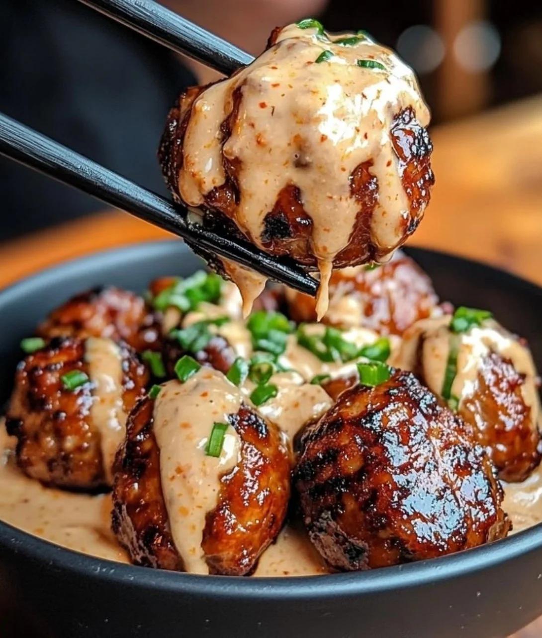 Delicious Korean BBQ Meatballs with Spicy Mayo Dip on a plate