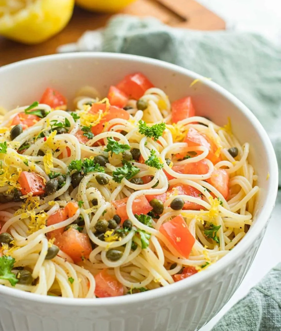 Fresh Lemon Capellini Salad with herbs and vegetables