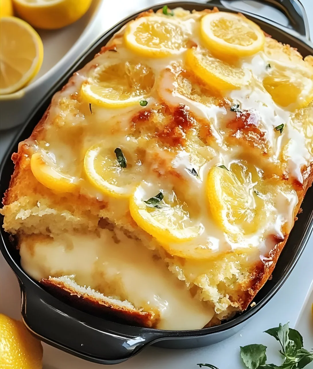 Lemon Cream Cheese Bread drizzled with Citrus Glaze on a wooden table