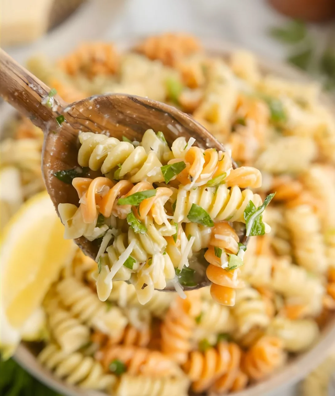 Bowl of Lemon Parmesan Pasta Salad with fresh herbs and cheese