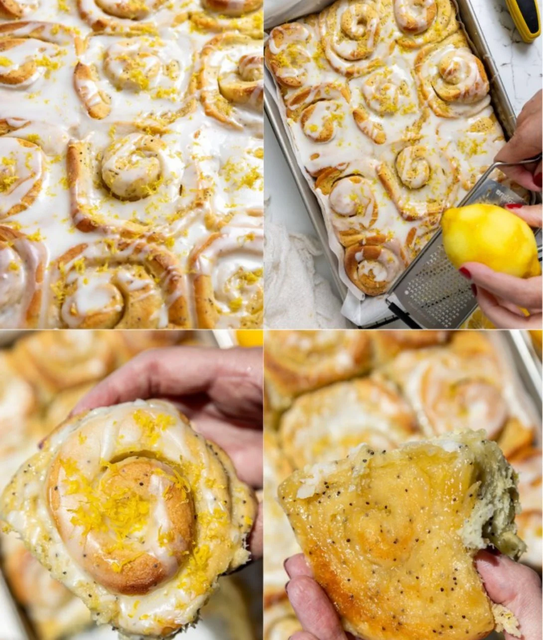 Freshly baked lemon rolls with a zesty lemon glaze on a wooden table.