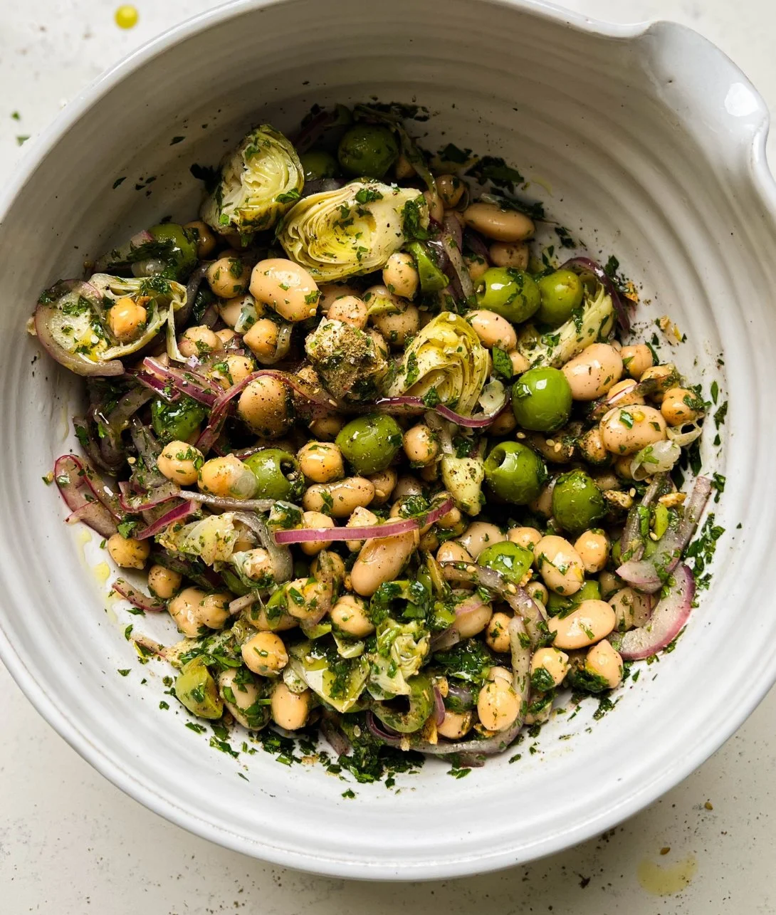 Delicious marinated Za'atar Bean Salad served in a bowl