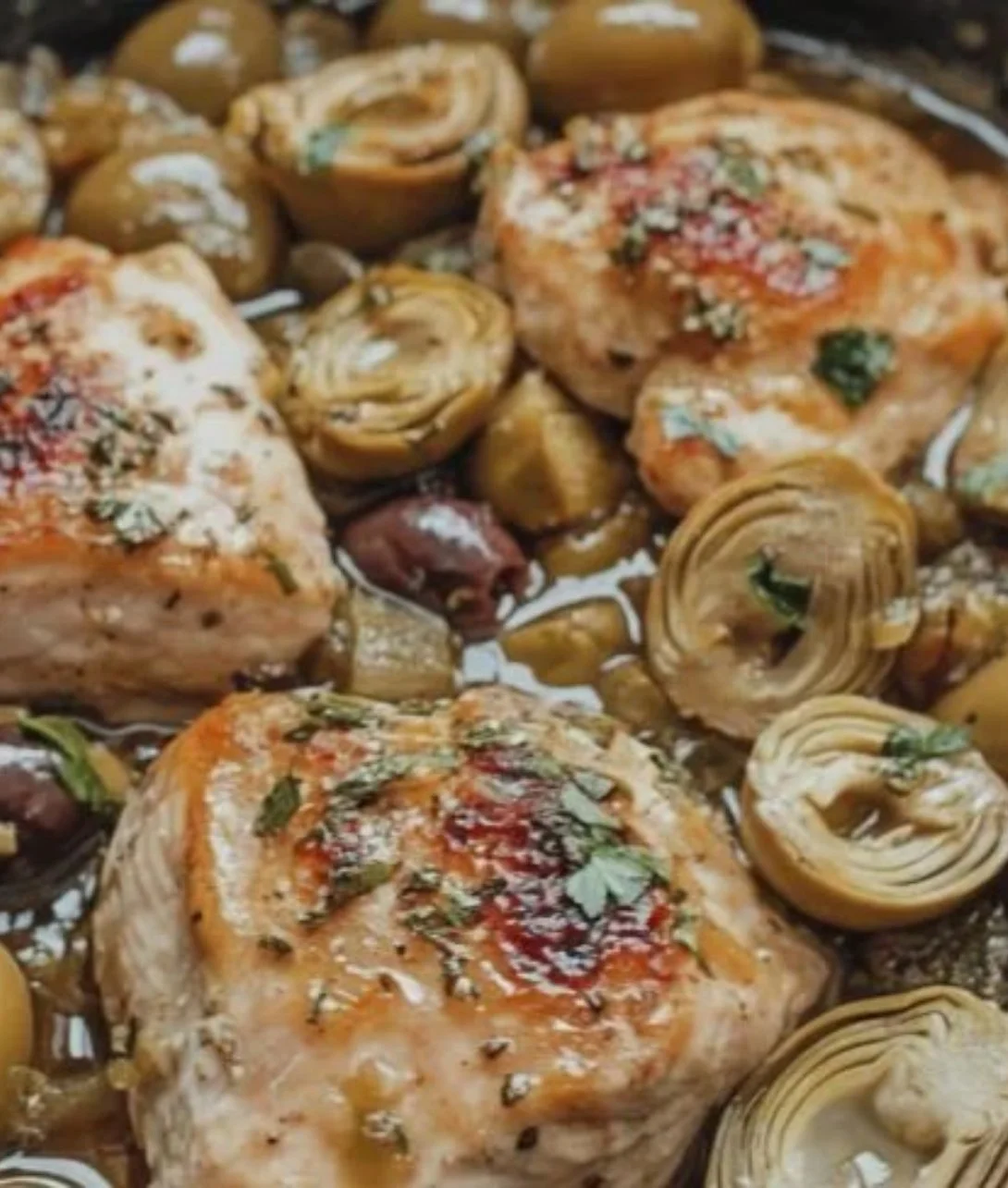 Plate of Mediterranean Lemon Chicken with artichokes and olives