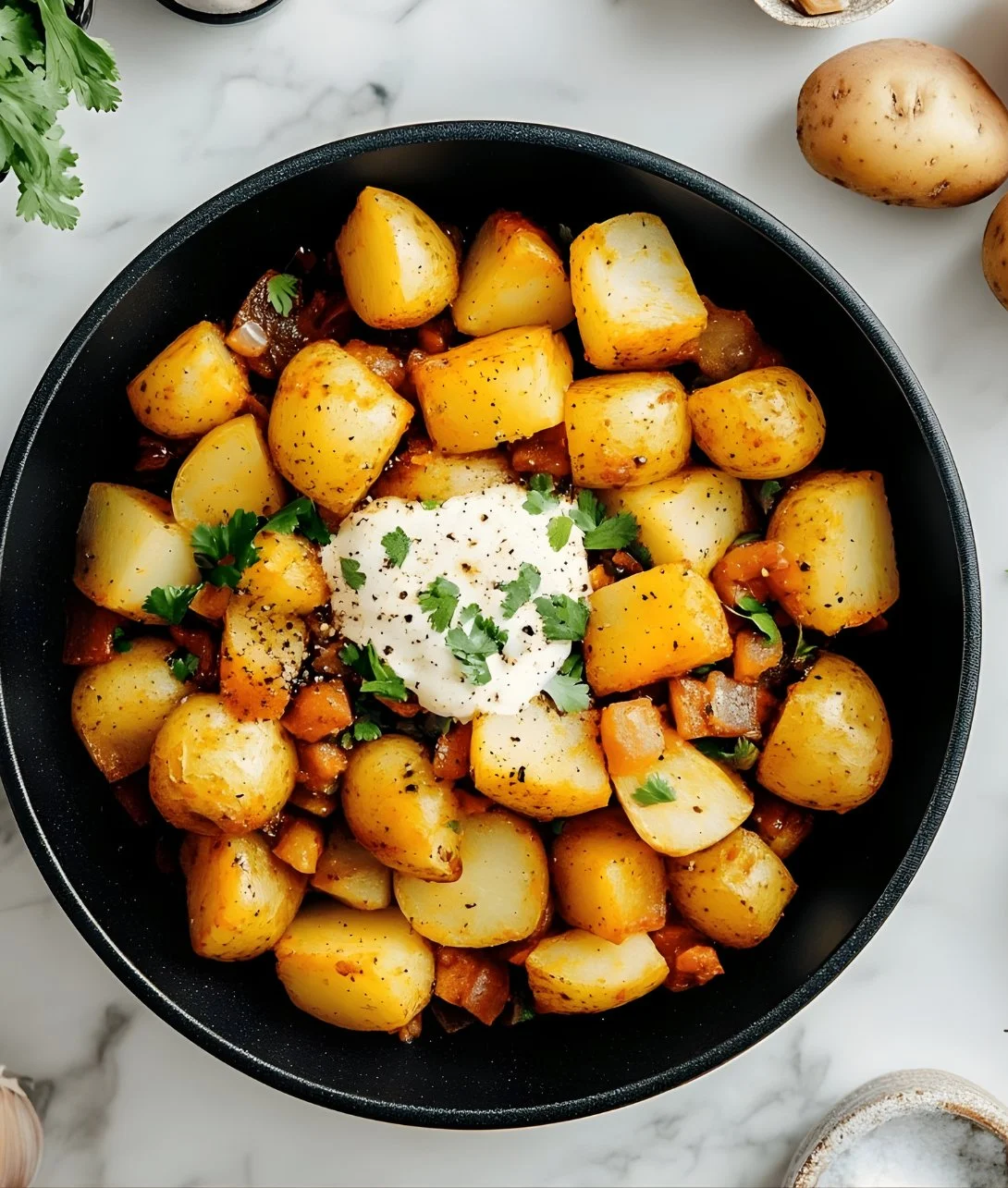 Delicious Mexican potatoes garnished with herbs and spices