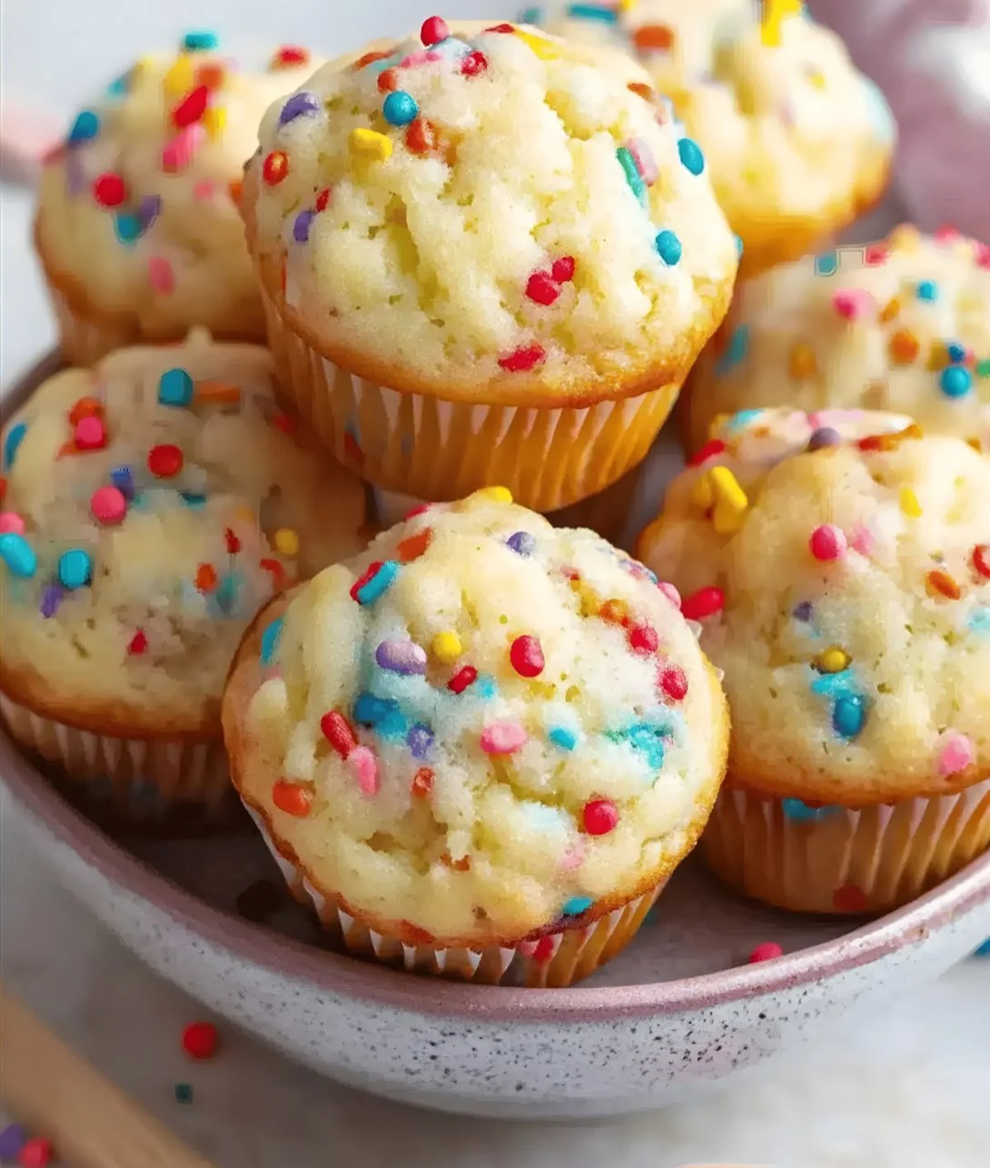 Mini Funfetti Muffins topped with colorful sprinkles ready to enjoy.