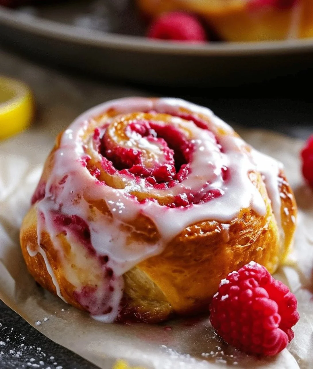 Freshly baked Raspberry Cinnamon Rolls with icing and berries on top