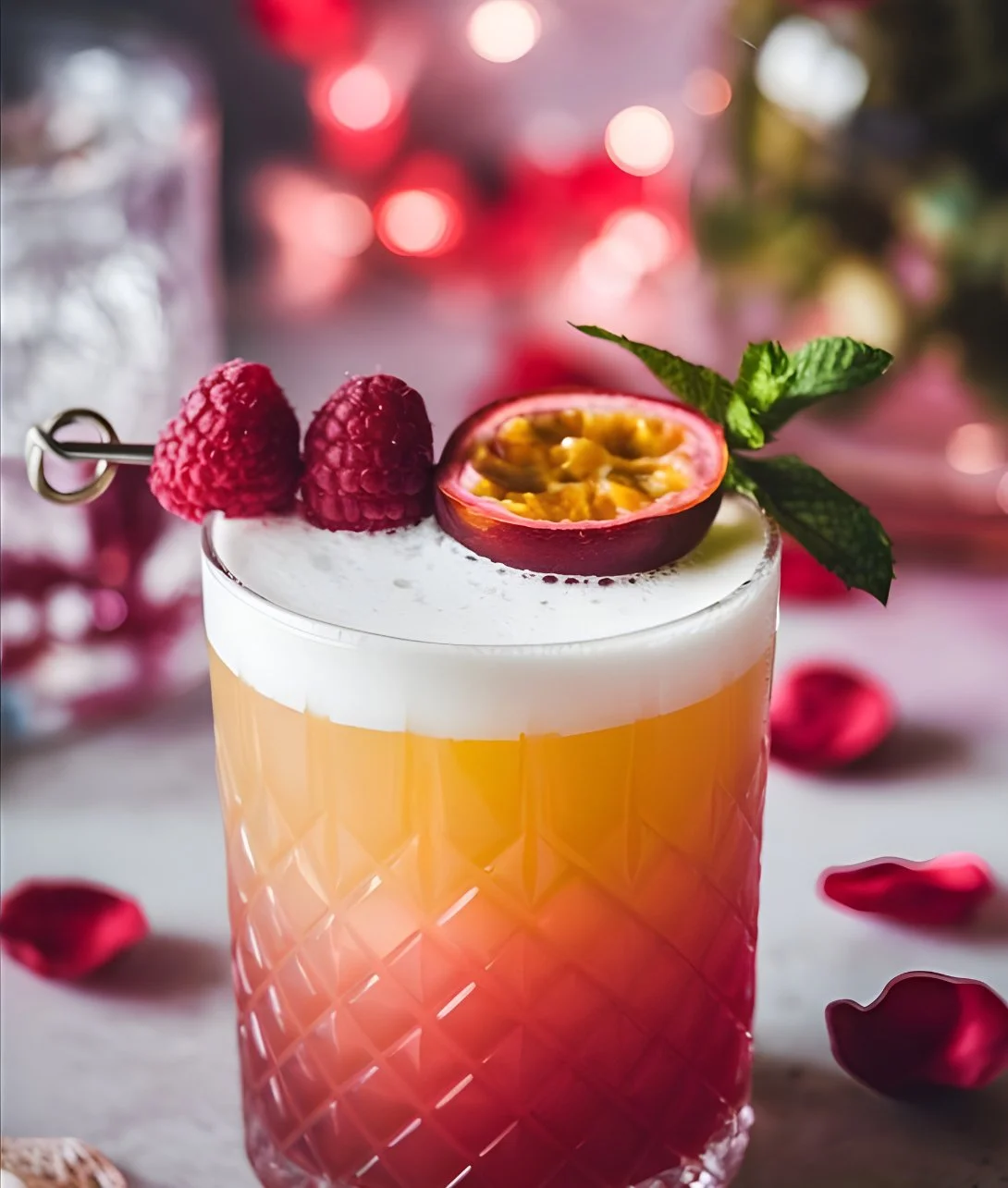 A vibrant Raspberry Passionfruit Tequila Sour cocktail garnished with fresh fruit.
