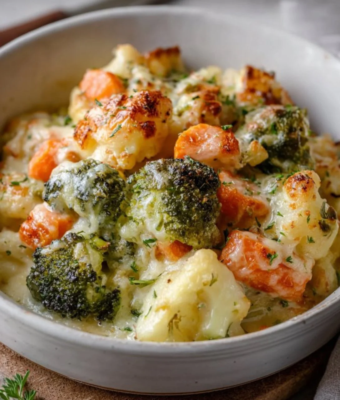 Rich creamy winter vegetable bake with seasonal veggies and cheese