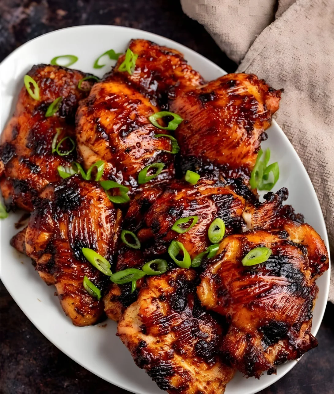 Roasted miso chicken thighs garnished with fresh herbs and served on a plate