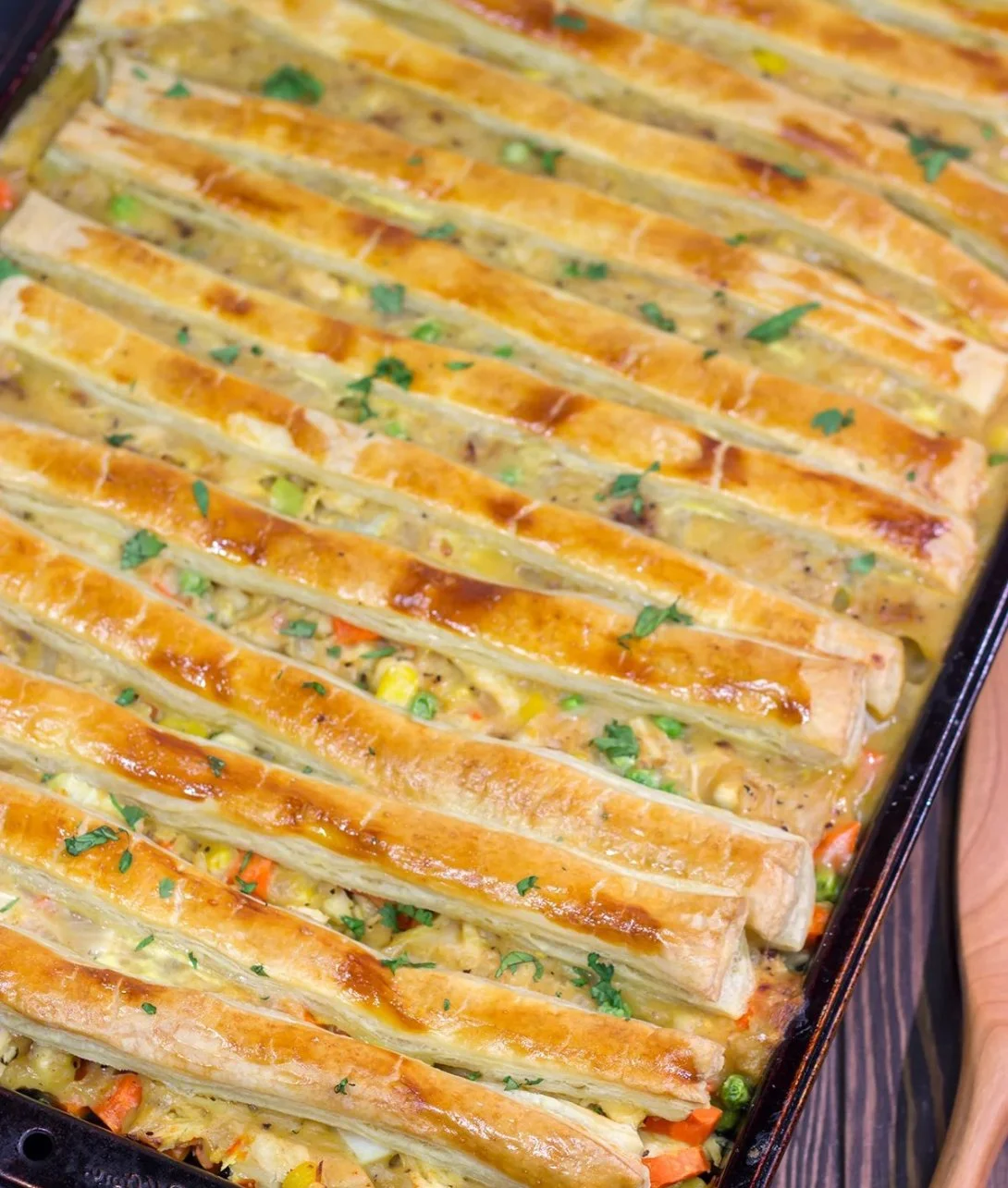 Delicious sheet pan chicken pot pie served fresh from the oven