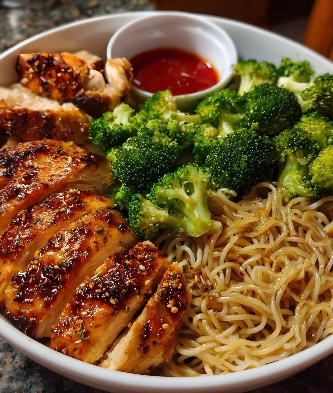 Spicy Garlic Chicken and Broccoli Noodle Bowls served in a vibrant bowl