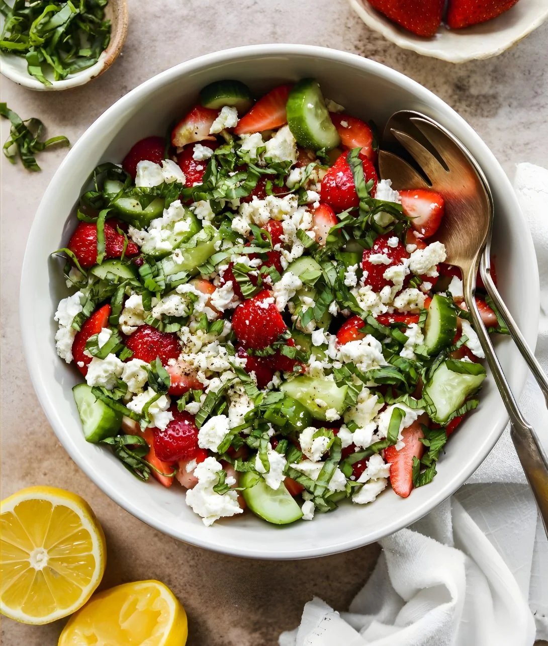 Fresh strawberry cucumber salad in a bowl with mint leaves