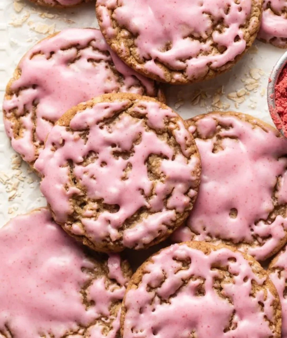 Strawberry iced oatmeal cookies on a plate, garnished with fresh strawberries.