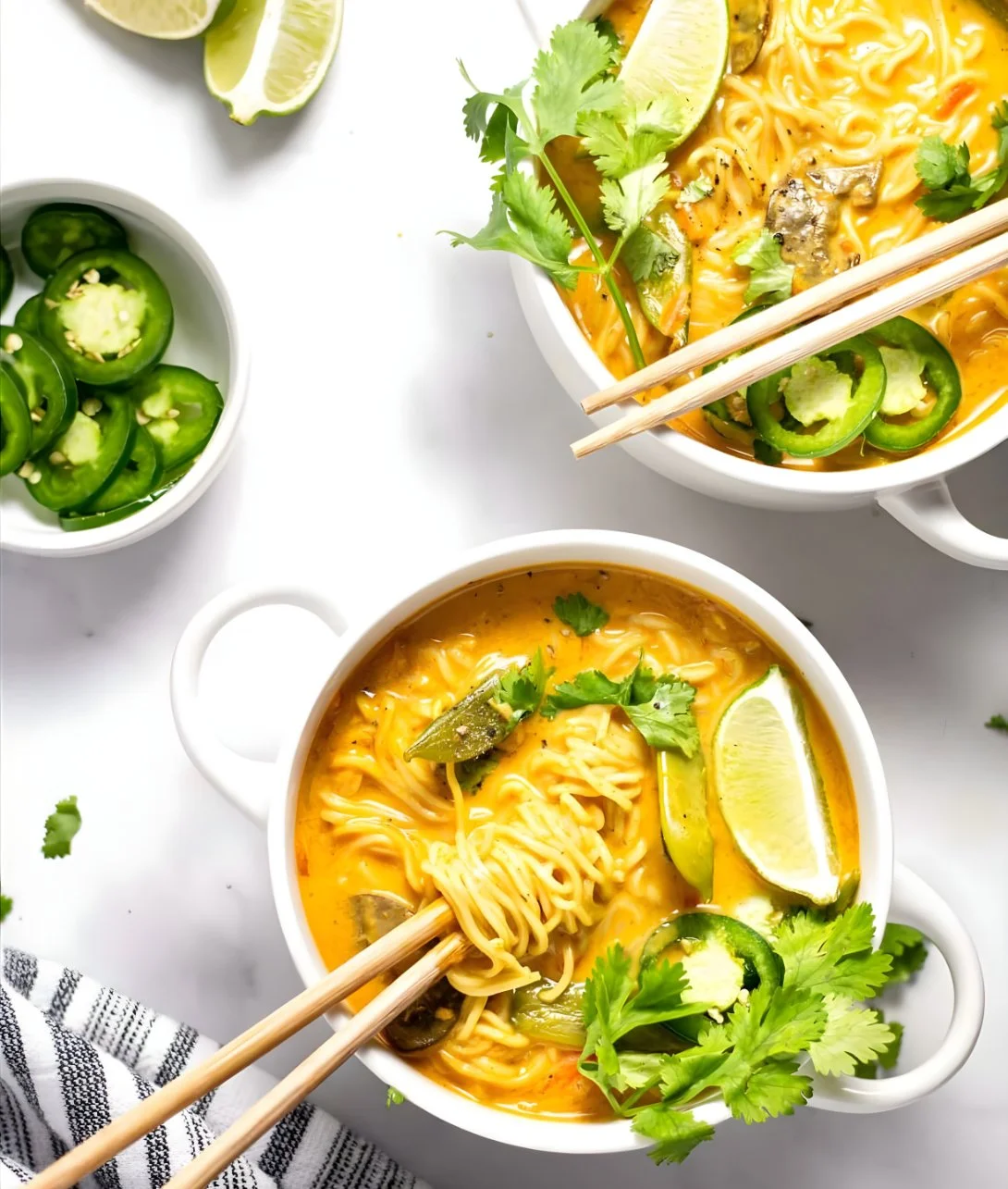 Bowl of Vegan Curry Ramen Noodles with vibrant vegetables and rich broth