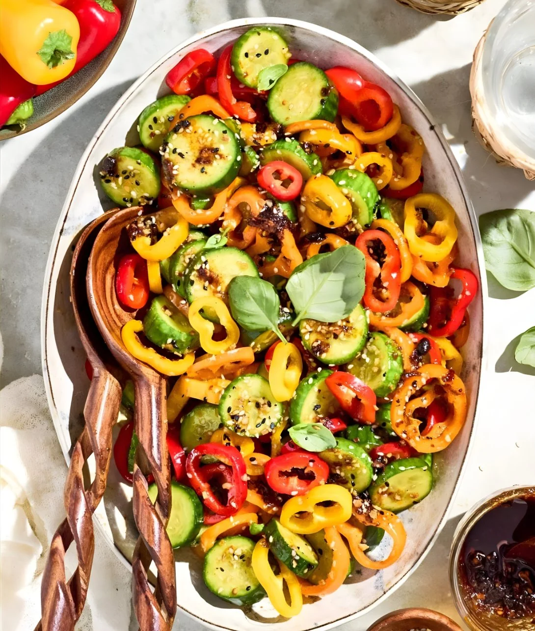 Viral TikTok cucumber and bell pepper salad, fresh and colorful side dish.