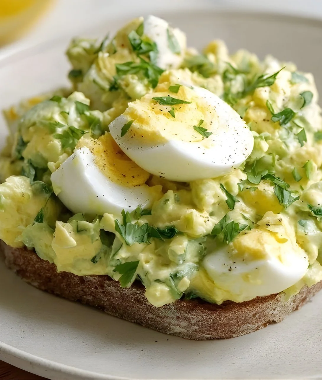 Zesty Avocado Egg Salad in a bowl garnished with fresh herbs