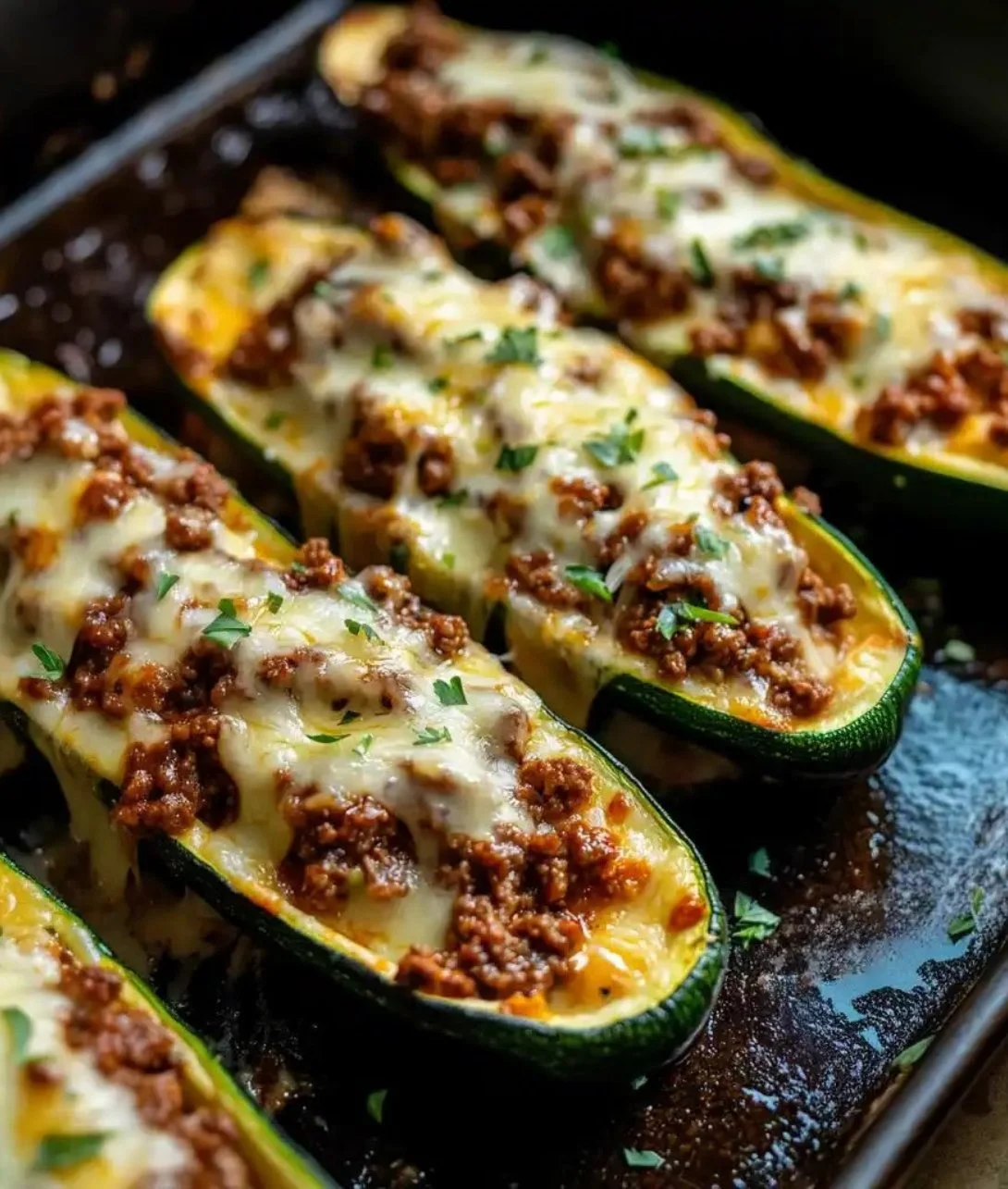 Delicious ground beef zucchini boats fresh out of the oven