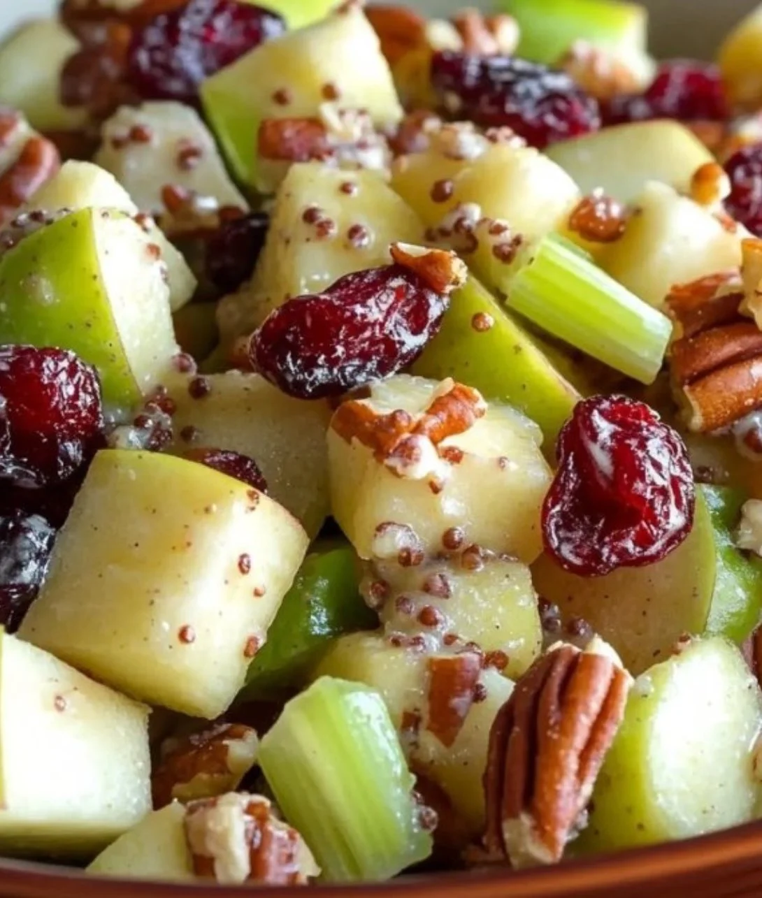 Delicious apple salad with fresh apples, greens, and nuts in a bowl