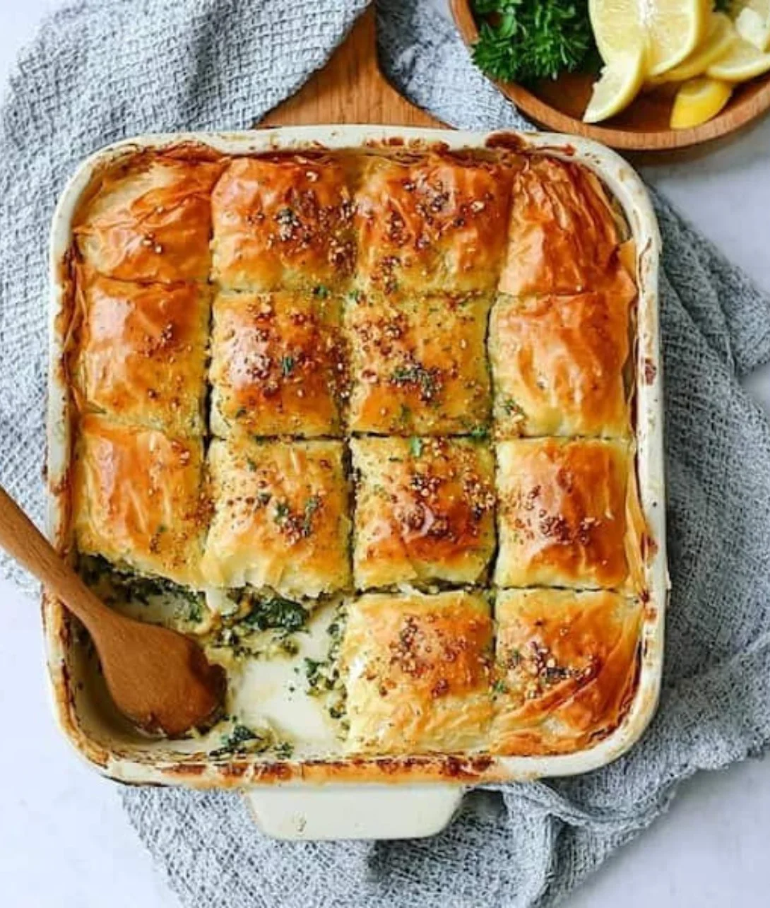 Authentic Greek Spinach Pie with spinach and feta filling in flaky crust