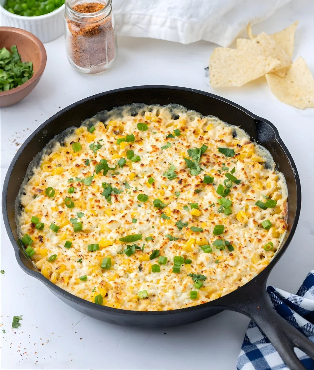 Delicious Baked Elote Dip served with tortilla chips
