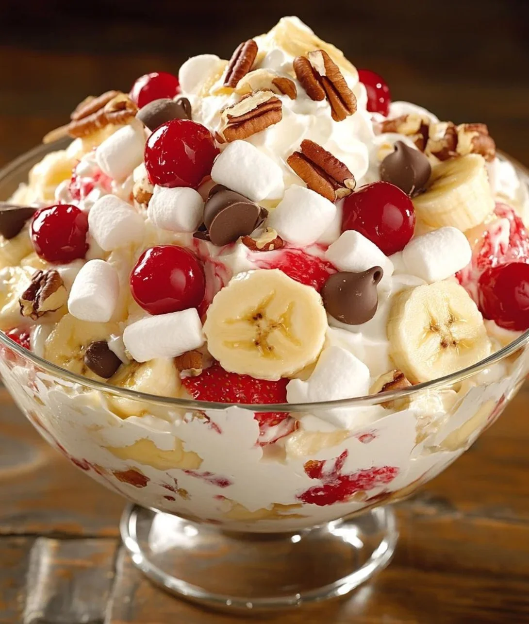 Delicious Banana Split Fluff Salad with fruits and whipped cream