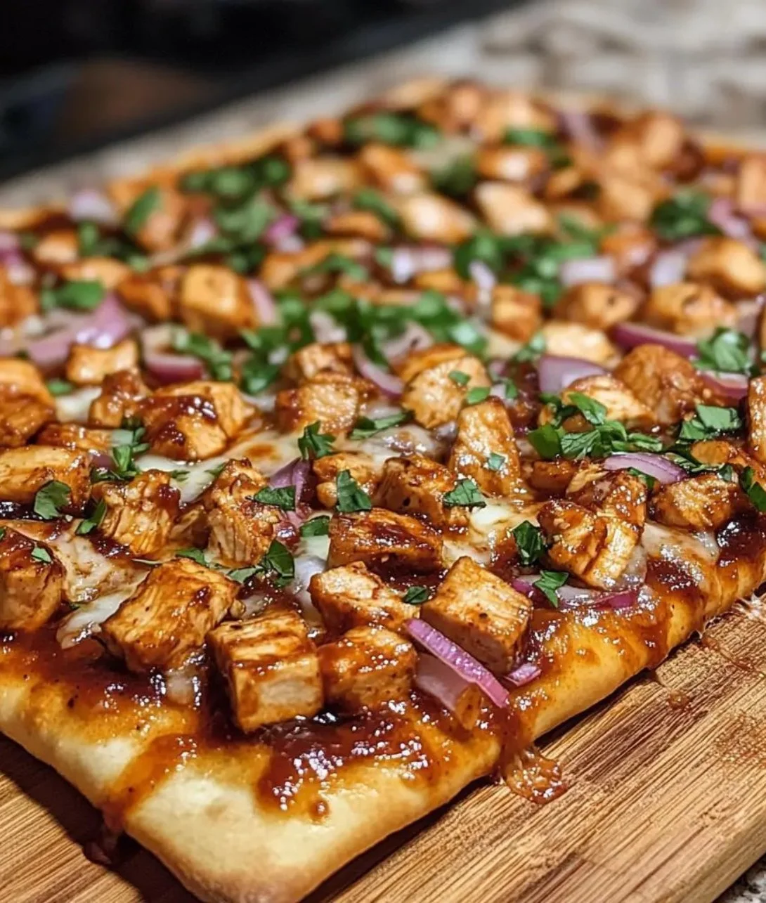 Delicious BBQ Chicken Pizza on flatbread with grilled chicken and BBQ sauce