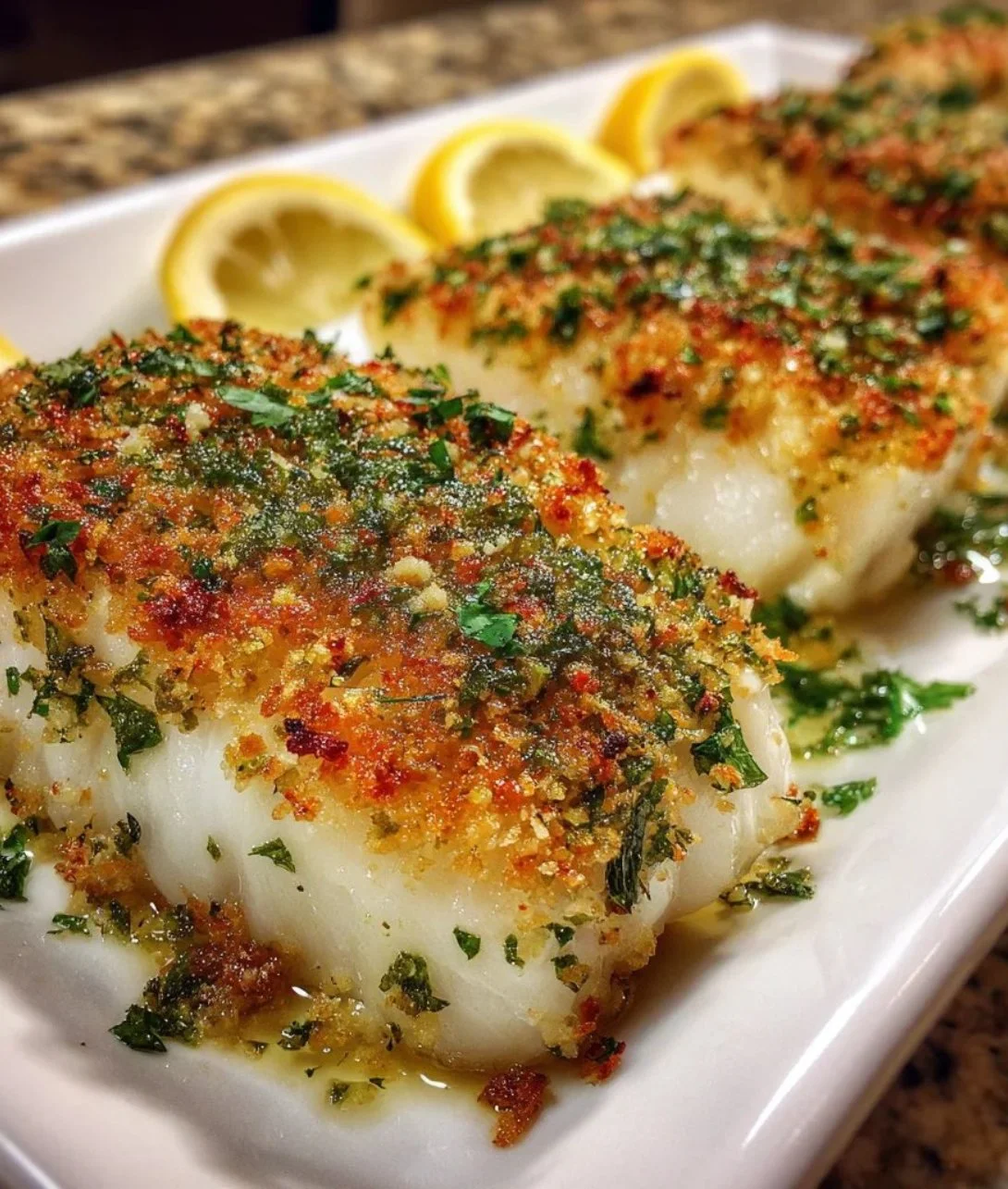 Plate of Boston Baked Cod garnished with herbs and lemon slices