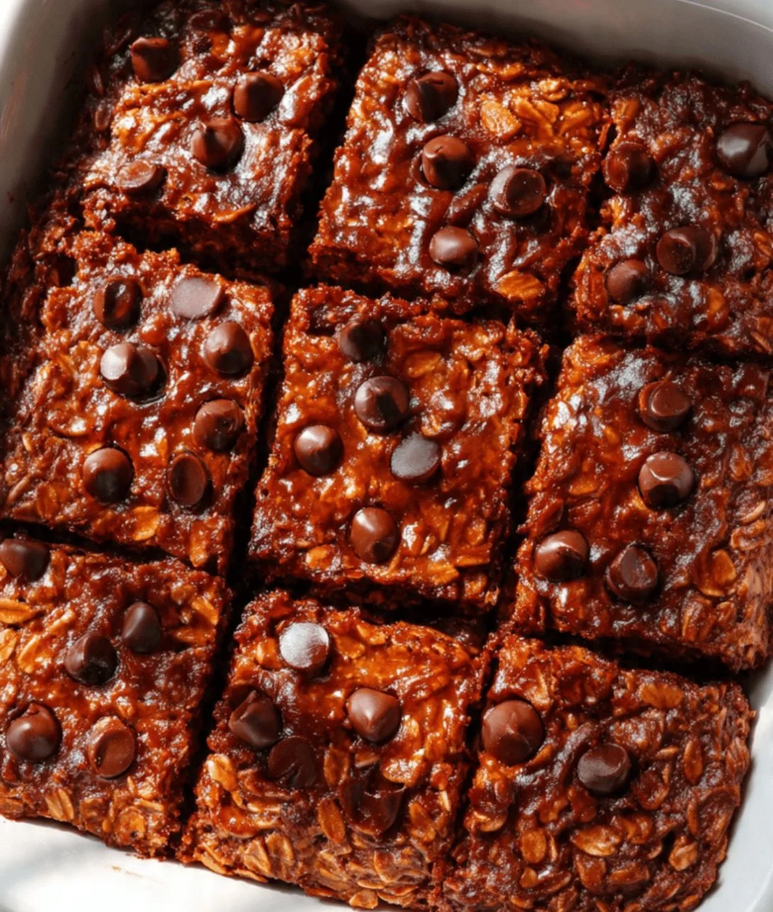 Delicious brownie baked oatmeal topped with chocolate and nuts