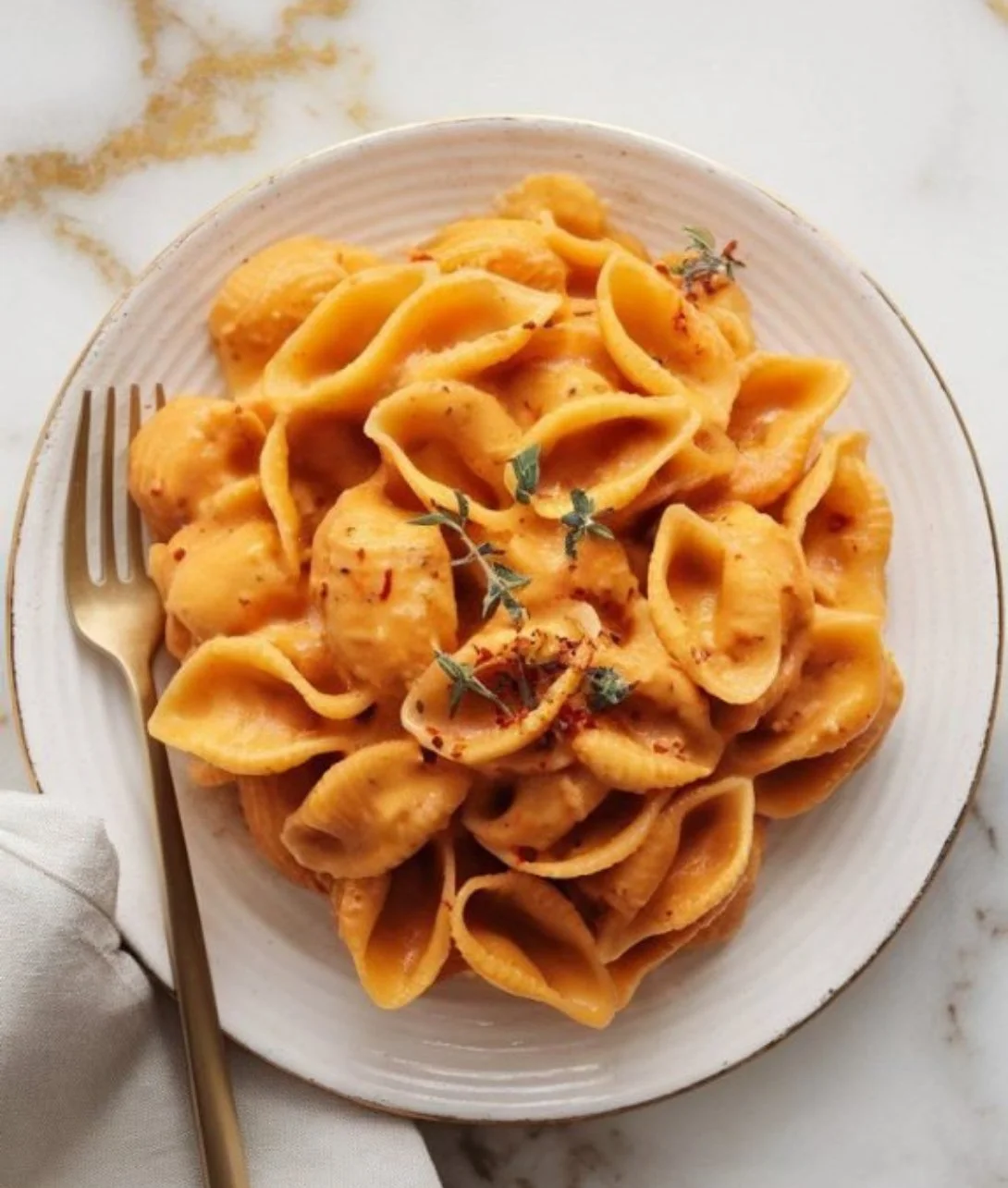 Butternut squash baked feta pasta dish topped with herbs and cheese