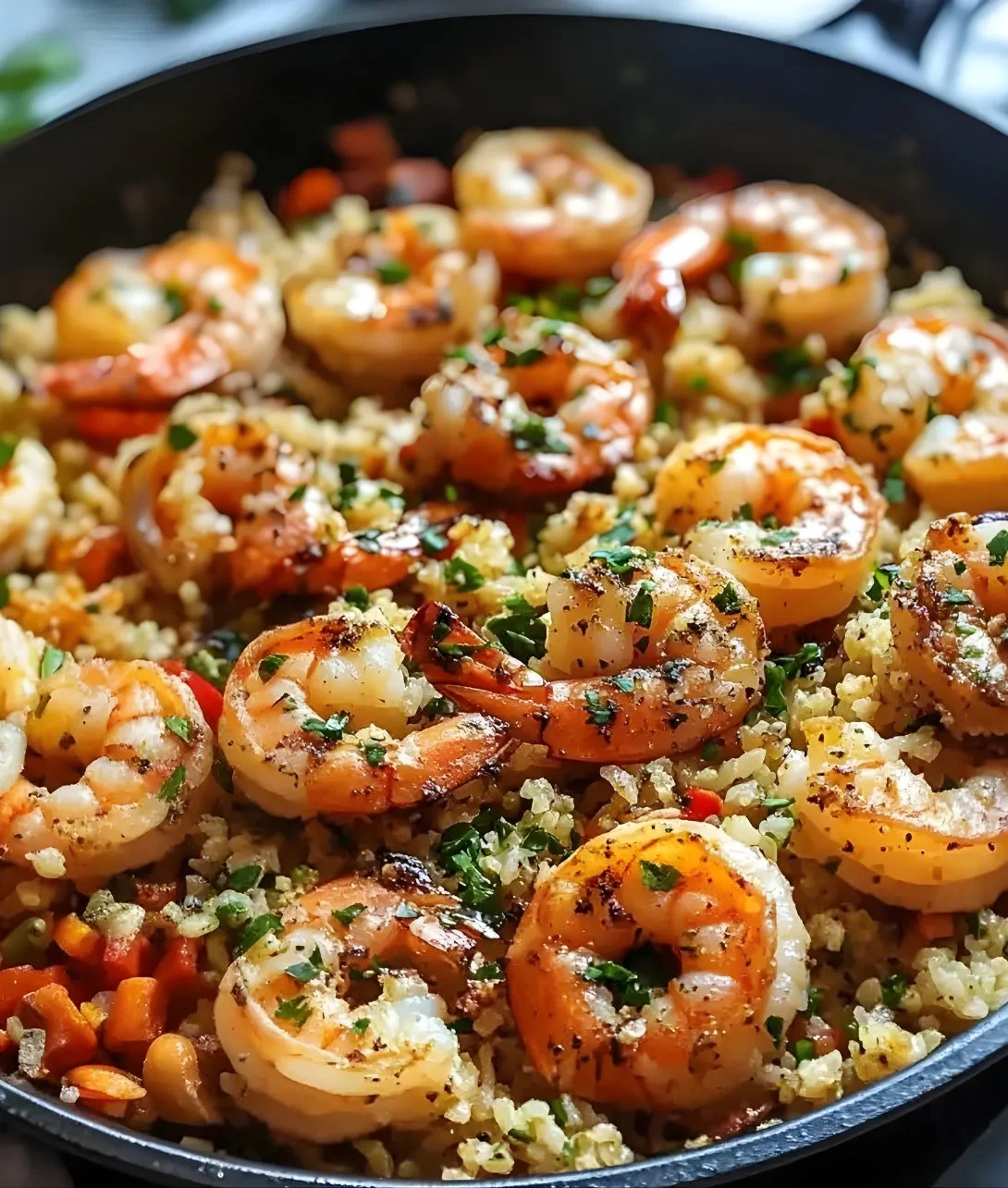 Cauliflower fried rice topped with shrimp, colorful vegetables, and garnished.