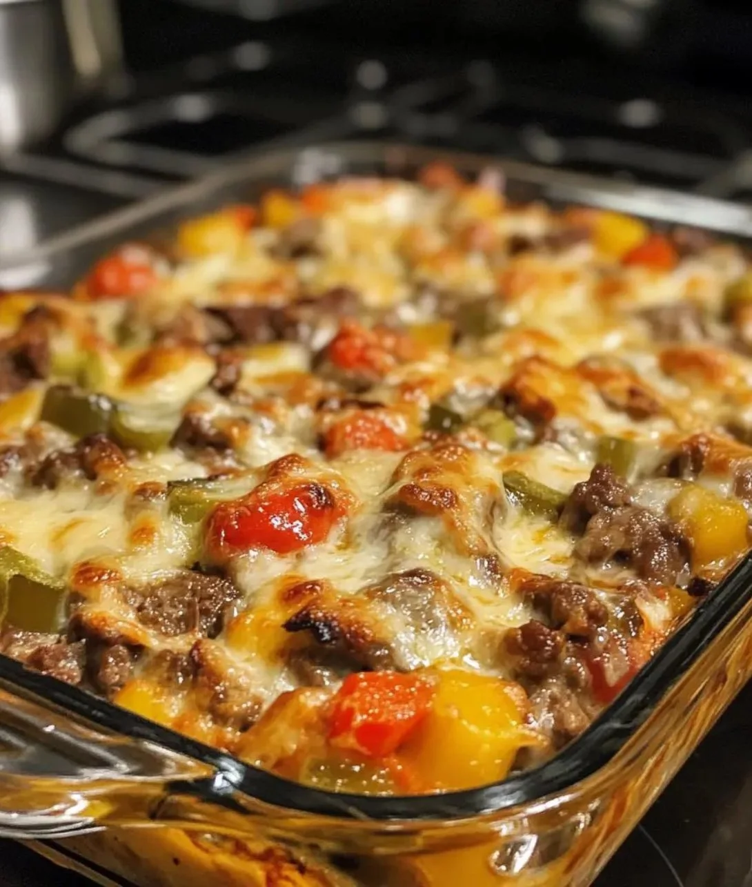 Cheesy Low Carb Philly Cheesesteak Casserole in a baking dish.