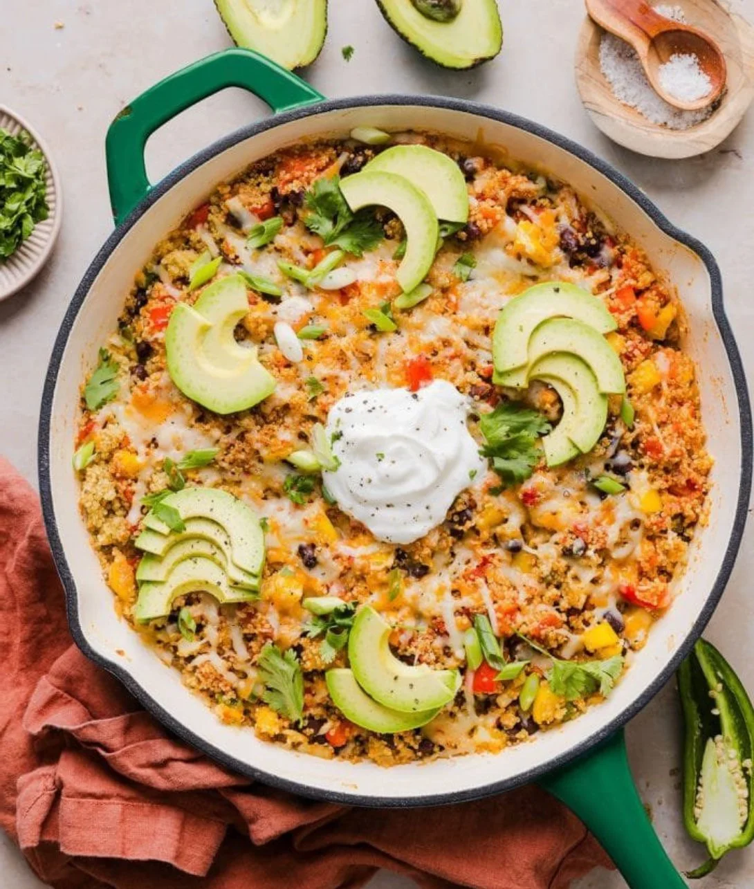 Cheesy Quinoa and Black Bean Taco Skillet served in a colorful dish