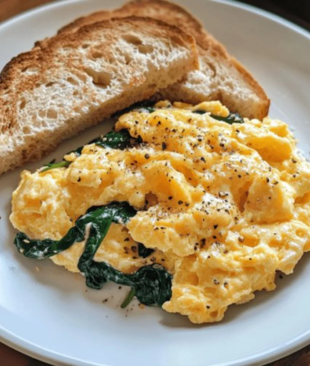Cheesy spinach scrambled eggs with sourdough toast on a plate