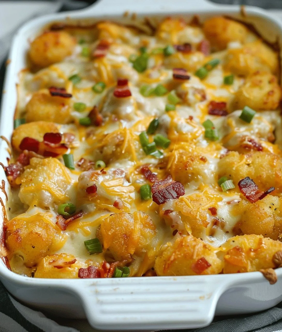 Delicious Chicken Bacon Ranch Tater Tot Casserole topped with crispy tater tots