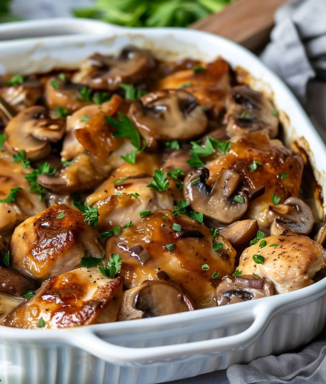 Delicious Chicken Marsala casserole topped with mushrooms and herbs
